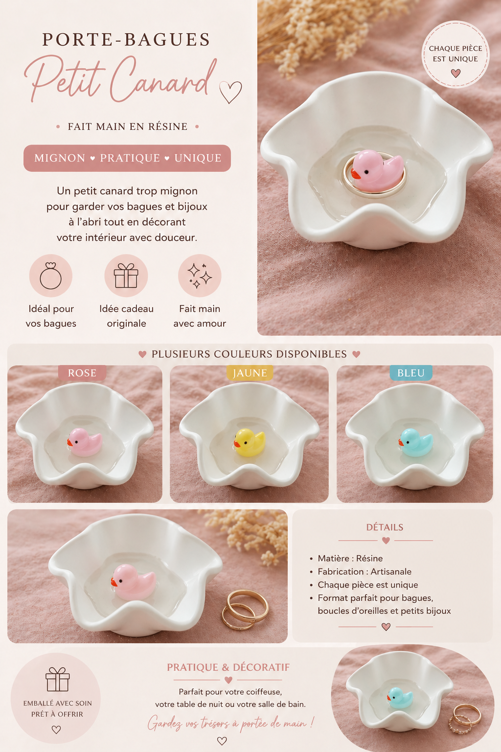 Pots à bijoux canard originaux ! Vide-poche mignon fait main – Idée cadeau originale