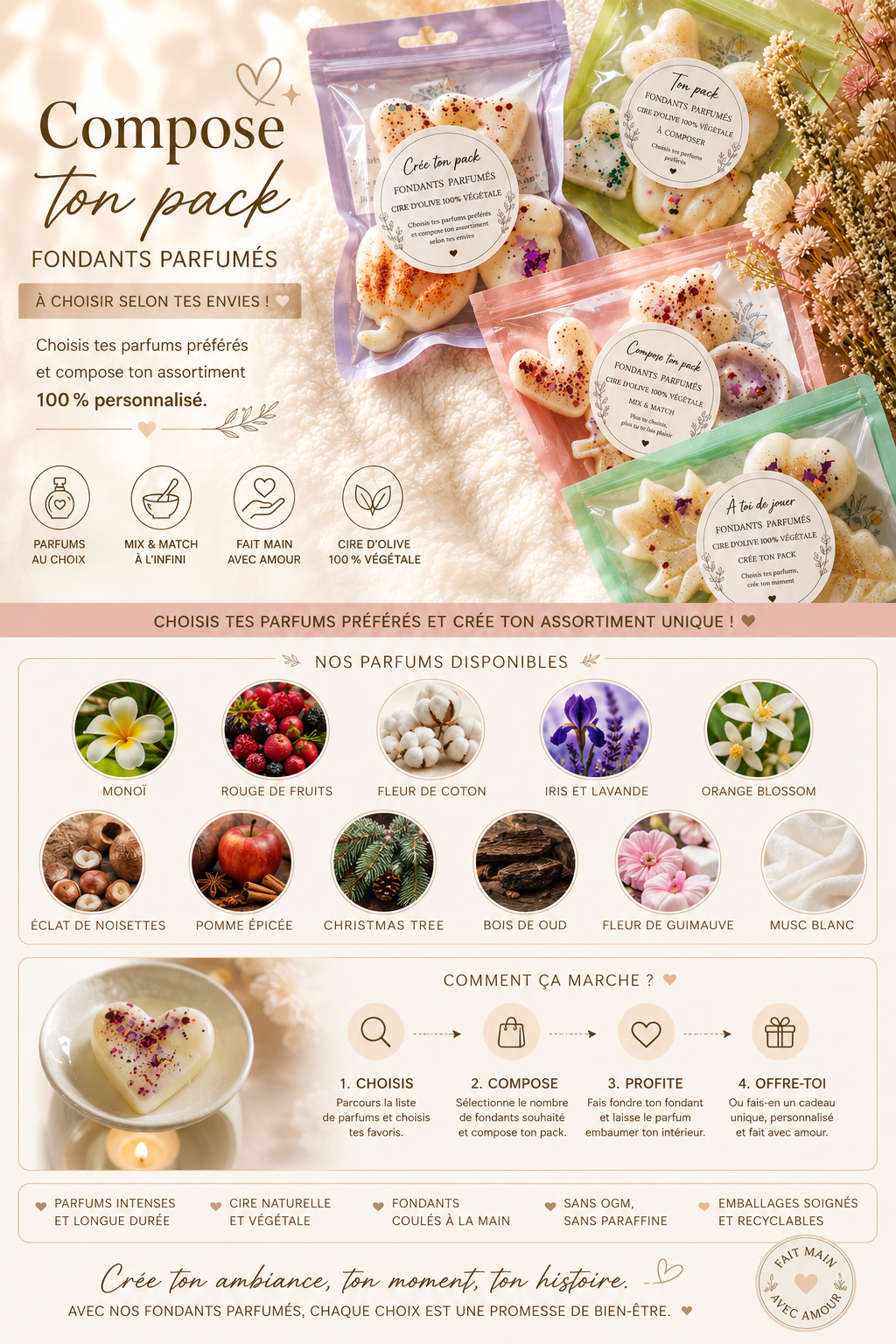 Composez votre pack de 4 fondants parfumés - Cire d'olive 100 % végétale
